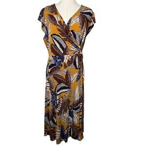 Signature by Robbie Bee Mustard Yellow Tropical Leaf Wrap Midi Dress Medium